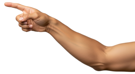 Isolated human arm pointing finger to the left with visible veins and muscles, direction sign