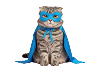 Fluffy grey tabby Scottish Fold cat in a blue superhero mask and cape, with a serious determined expression, against a light pink background with copy space. Whimsical superhero pet concept