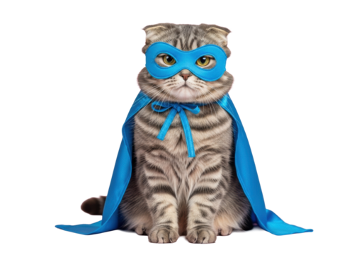 Fluffy grey tabby Scottish Fold cat in a blue superhero mask and cape, with a serious determined expression, against a light pink background with copy space. Whimsical superhero pet concept