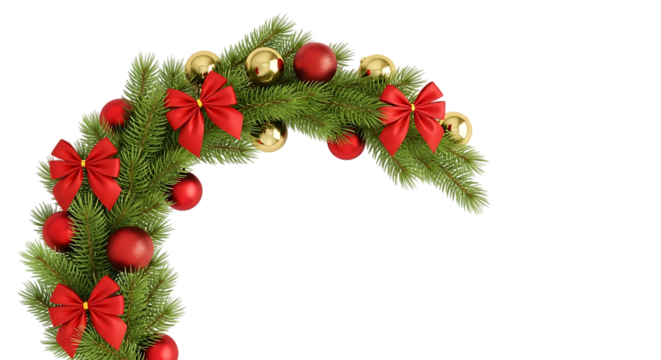 A decorative christmas wreath adorned with red bows and gold ornaments, set against a clean transparent background, creates a festive and elegant holiday accent isolated on transparent background, per