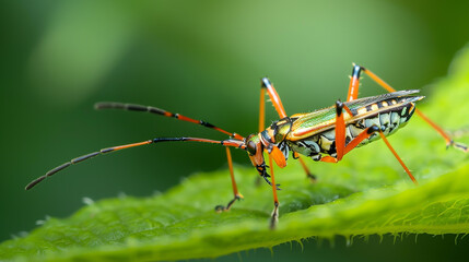 Closeup of a colorful stilt bug resting on a vibrant green leaf, showcasing its intricate patterns and delicate features in a natural setting