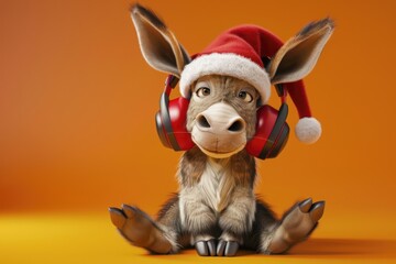 Winter animal portrait of a donkey in Santa cap and headphones, fitting for music, Christmas, or holiday themes