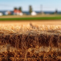 Soil cross-section with plant roots and farm background
