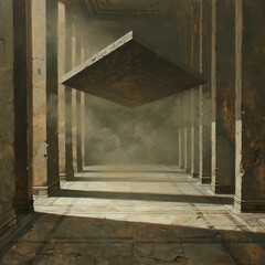 A surreal corridor with floating platform, showcasing a blend of ancient architecture and mysterious elements, creating an intriguing atmosphere