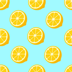Vibrant seamless pattern of stylized yellow lemon slices on a bright light blue background.
