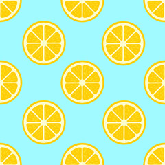 A seamless repeating pattern of stylized yellow lemon slices on a bright light blue background.