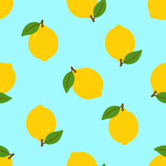 A cute and simple seamless pattern of bright yellow lemons with green leaves on a light blue background.