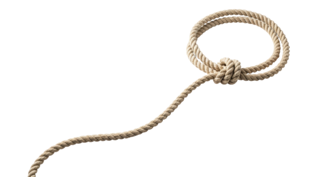 Isolated lariat rope lasso for livestock or sports, twirled and tied with a knot for cowboys