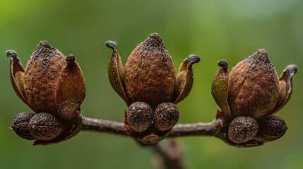 Closeup of three seed pods on a branch, showcasing natures intricate details and textures against a blurred green background, capturing botanical beauty