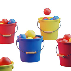 Five colorful buckets filled with various colored balls, some balls are floating above.
