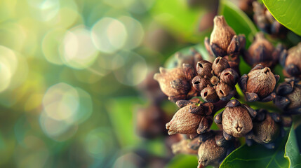 A captivating closeup of dried flower buds, showcasing their intricate textures and earthy tones against a soft, blurred backdrop of greenery and bokeh