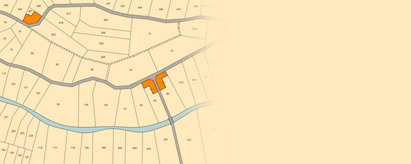 FICTINAL RURAL CADASTRAL MAP WITH IDENTIFICATION OF CADASTRAL PARCELS of agricultural rural land and rural buildings - Web banner concept