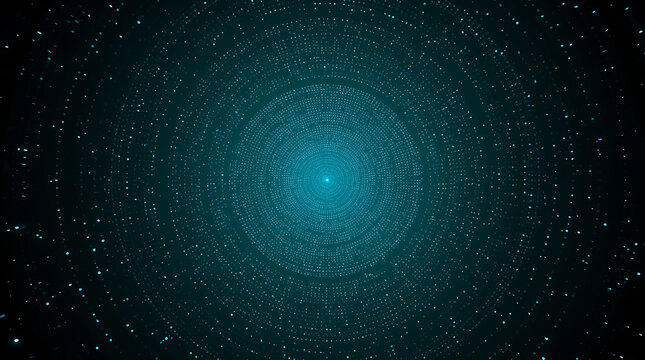 Digital Data Stream Visualization with Teal Concentric Circles and Floating Particles