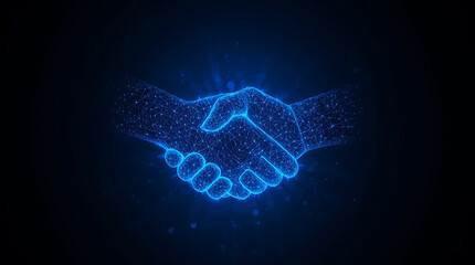 Digital Handshake with Glowing Blue Network Connecting People and Representing Agreement