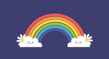 Fototapeta premium A cute and colorful rainbow with smiling clouds and flowers.