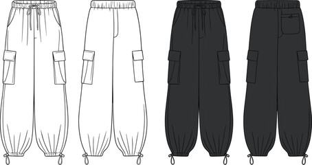 CAD flat sketch, cargo jogger pants vector, fashion clothing template, utility trousers front and back, black and white illustration © Khadija Creatives