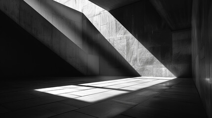 Dramatic interplay of light and shadow illuminating a stark concrete interior, creating a captivating contrast and emphasizing the architectural form
