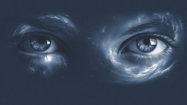 Pair of Galaxy Eyes, A modern 3D minimalist, stylized pair of eyes. The irises have swirling nebulas and stars. The style is minimalist and cosmic. Isolated on a deep space navy blue background.