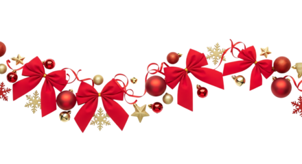 Festive christmas border isolated on transparent background featuring red bows, golden stars, snowflakes, and ornaments, creating a cheerful and elegant holiday decoration for cards and designs