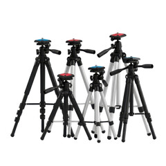 Several photographic tripods of varying sizes and colors are arranged together against a white background.