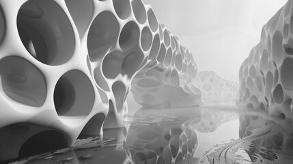 Abstract architecture with organic, porous structures and reflective surfaces creating a surreal, dreamlike atmosphere in grayscale tones