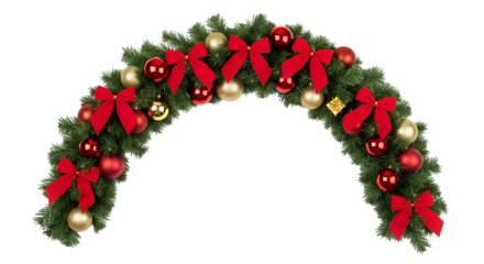 Festive christmas arch isolated on transparent background, adorned with red bows, red baubles, and gold baubles, creating a cheerful and decorative element for holidaythemed designs and backgrounds