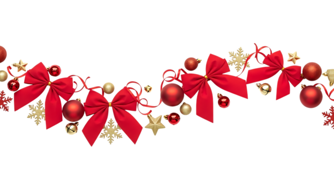 Festive christmas border isolated on transparent background featuring red bows, golden stars, snowflakes, and ornaments, creating a cheerful and elegant holiday decoration for cards and designs