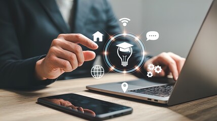 Professional Interacting with a Virtual Interface on a Desk, Showcasing Digital Icons for Education, Home, Wi fi, Global Network, Communication, and Settings, Modern Technology, Online Learning