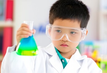Young child in scientist costume intently examines a bubbling beaker filled with a vibrant, non-toxic potion, showcasing intense concentration and oversized glasses.