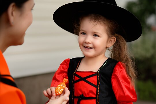 A child expresses gratitude for Halloween candy with a warm smile, embodying good manners and a heartwarming, simple yet significant interaction.