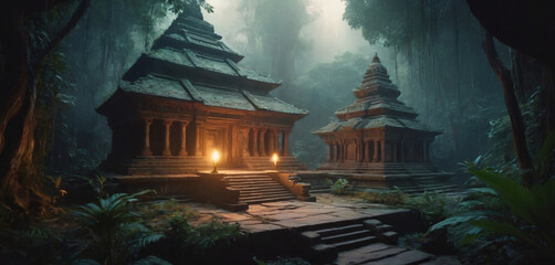 There is a small temple in the middle of forest at night frame figure elements colorful movement layers illustration cartoonish design composition gesture motion creative emotion depth