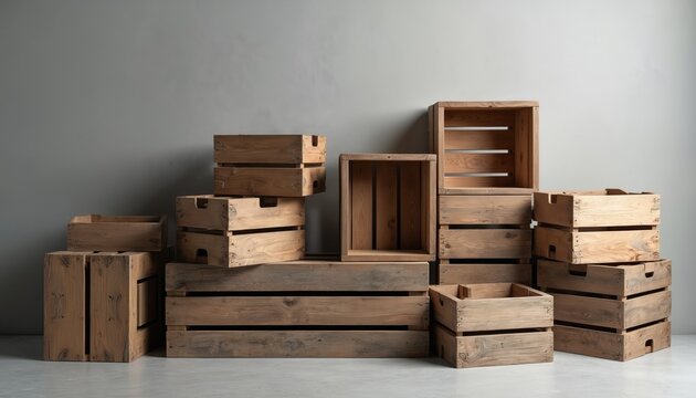 Group of empty wooden crates stacked on floor. Crates are handmade from natural wood. Minimalist rustic arrangement in studio. They provide storage or transportation for various items.
