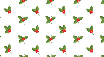 A festive pattern of holly branches with red berries on a white background.