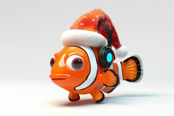 Santa hat tropical fish with headphones in underwater scene, great for quirky holiday ads and digital campaigns