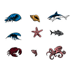 Ocean Creatures Collection A Hand-Drawn Assortment of Marine Life in Sketchy Illustrations