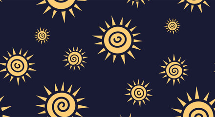 A celestial pattern of many suns against a dark background.