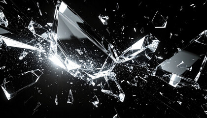 黒背景に光るガラス片が舞うダイナミックな抽象アート – Abstract Shattered Glass Fragments Reflecting Light on Black Background