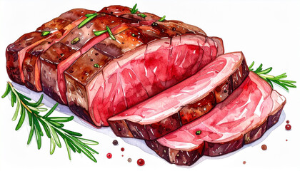 並べられたローストビーフスライスの水彩イラスト – Watercolor Illustration of Roast Beef Slices Arranged in Layers