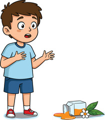 Surprised Boy Dropped Juice Box with Flower and Leaves – Cartoon Vector for Children’s Education, Emotions, Accidents, and Storytelling Scenes