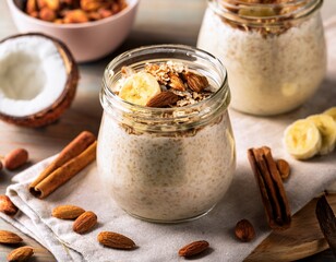 coconut banana overnight oats with almonds and cinnamon for a creamy sweet breakfast