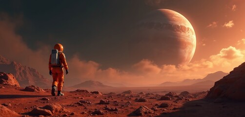 Fototapeta na wymiar Astronaut walks on red alien planet surface. Large gas giant planet hangs in orange sky with clouds. Space exploration and future colonization concept.