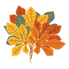 Autumn bunch of hand drawn chestnut leaves in warm yellow, orange and green colors on white background. Concept of fall season, foliage, nature and botanical decoration