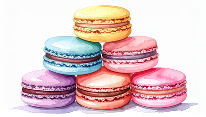 Fototapeta premium パステルカラーのマカロンが積まれた水彩イラスト – Watercolor Illustration of Colorful Macarons Stacked in Pastel Tones