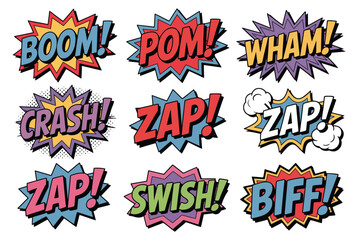 A vector collection of colorful comic book onomatopoeia sound effects and speech bubbles in a pop art style for creative designs d