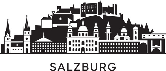 Salzburg Austria city skyline black silhouette. European architecture historical buildings panorama