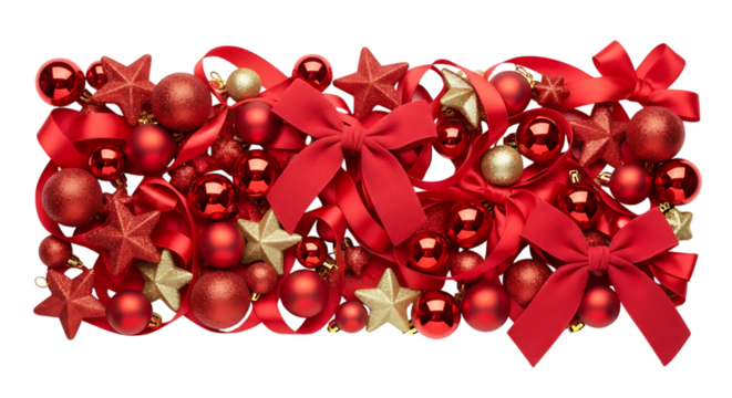 A vibrant and festive christmas arrangement isolated on transparent background, showcasing a delightful mix of red bows, shiny red ornaments, and golden stars, creating a joyful and celebratory atmosp