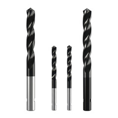 Four drill bits of varying sizes, showcasing their spiral flutes and silver shanks, arranged against a white background.