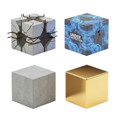 Four different cubes, showcasing construction, technology, and simple materials, isolated on white.