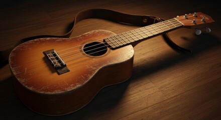 Fototapeta premium Vintage ukulele with worn finish resting on a dark wooden floor with soft lighting creating a