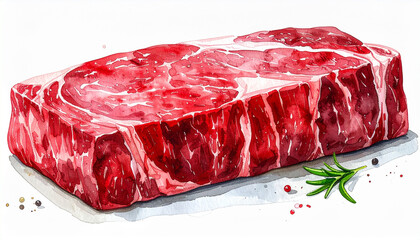 霜降り牛ステーキ肉の水彩イラスト – Watercolor Illustration of Raw Beef Steak with Marbling